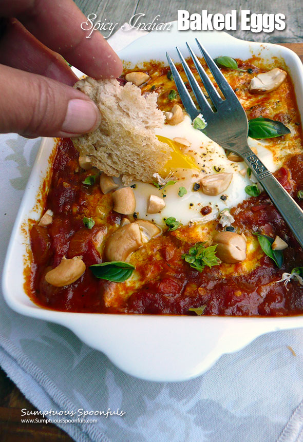 Spicy North Indian Baked Eggs ~ Sumptuous Spoonfuls #Indian #Shakshuka #breakfast #vegetarian #recipe