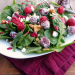 Frosted Cranberry Spinach Salad with candied walnuts, goat cheese & cranberry raspberry vinaigrette ~ Sumptuous Spoonfuls #cranberry #raspberry #holiday #salad #recipe