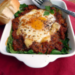 Spinach Bolognese Baked Eggs ~ Sumptuous Spoonfuls #quick #healthy #breakfast #dinner #recipe