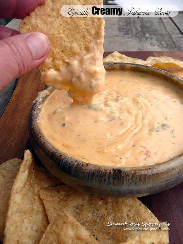 Epically Creamy Jalapeno Queso Dip ~ Sumptuous Spoonfuls #creamy #Mexican #queso #dip #recipe