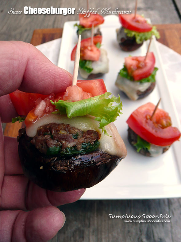 Swiss Cheeseburger Stuffed Mushrooms ~ Sumptuous Spoonfuls #mushroom #swiss #burger #appetizer