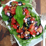 Minted Blueberry Watermelon Salad w Goat Cheese, Candied Almonds & Lavender Honey Vinaigrette ~ Sumptuous Spoonfuls #redwhite&blue #patriotic #summer #salad #recipe