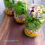 Mango Pork Salad in a Jar with blueberry goat cheese, toasted walnuts, cucumbers & a fiery grilled pineapple vinaigrette ~ Sumptuous Spoonfuls #portable #dinner #salad #recipe