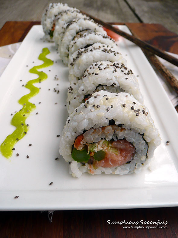 Asparagus Smoked Salmon Sushi ~ Sumptuous Spoonfuls #homemade #smokedsalmon #sushi #recipe