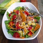 Modern Taco Salad w/Shredded Pork, Black Beans, Corn & a Sriracha Ranch dressing ~ Sumptuous Spoonfuls #taco #salad #copycat #recipe