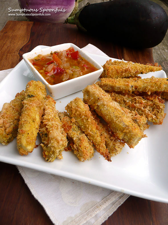 Crunchy Cheesy Italian Eggplant Fries - Baked! Sumptuous Spoonfuls #eggplant #appetizer #snack #recipe