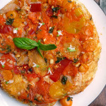 Tomato Basil Upside Down Focaccia ~ Sumptuous Spoonfuls #cheesy #onion #tomato #focaccia #recipe