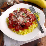 Zoodles with Vegetarian Parmesan Mushroom Meatballs ~ Sumptuous Spoonfuls #meatless #meatballs #recipe