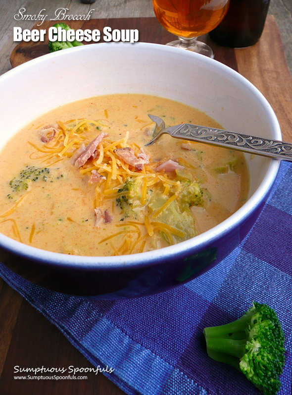 Smoky Broccoli Beer Cheese Soup ~ Sumptuous Spoonfuls #broccoli #beer #cheese #soup #recipe