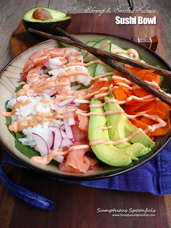 Shrimp & Smoked Salmon Sushi Bowl ~ Sumptuous Spoonfuls #easy #healthy #seafood #recipe