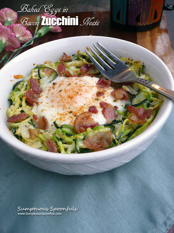 Baked Eggs in Bacon Zucchini Nests ~ Sumptuous Spoonfuls #easy #breakfast #recipe