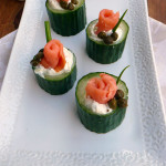 Smoked Salmon Rose Cucumber Cups ~ Sumptuous Spoonfuls #salmon #cucumber #bites #recipe