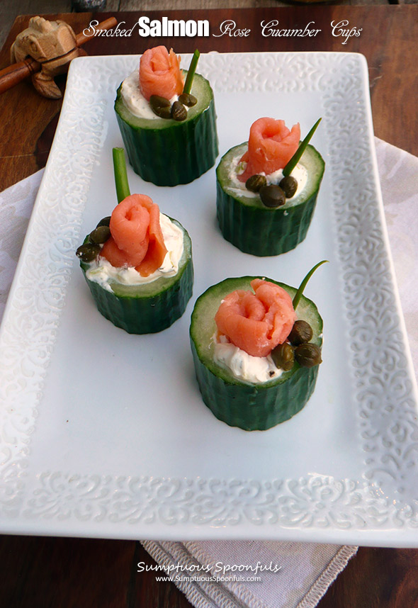 Smoked Salmon Rose Cucumber Cups ~ Sumptuous Spoonfuls #salmon #cucumber #bites #recipe