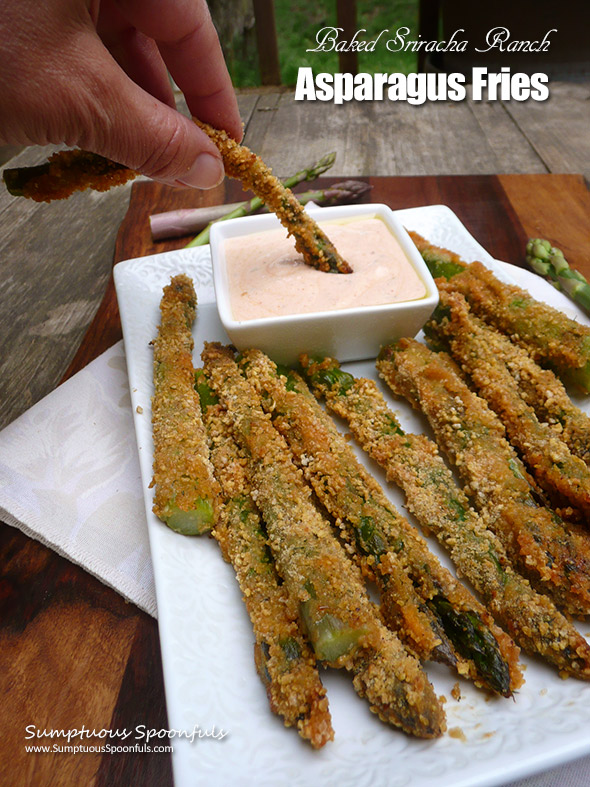 Baked Sriracha Ranch Asparagus Fries ~ Sumptuous Spoonfuls #crispy #asparagus #appetizer #recipe