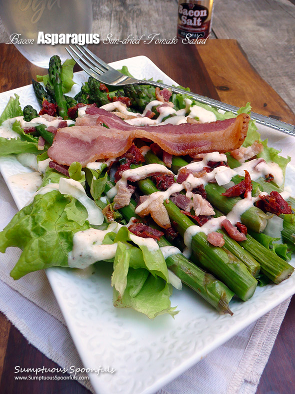 Bacon Asparagus Sun-dried Tomato Salad w/Bacon Ranch Dressing ~ Sumptuous Spoonfuls #bacon #salad #recipe