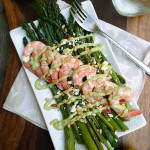 Shrimp & Roasted Asparagus Salad w/Feta, Pine Nuts & Lemon Avocado Crema ~ Sumptuous Spoonfuls #easy #shrimp #asparagus #dinner #recipe