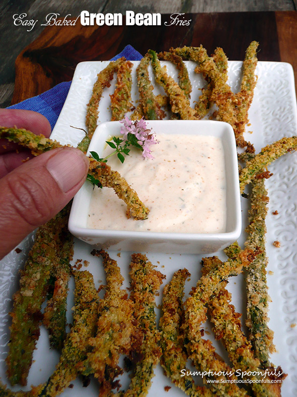 Easy Baked Green Bean Fries ~ Sumptuous Spoonfuls #healthy #baked #appetizer #recipe