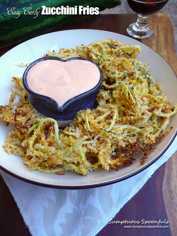 Easy Curly Zucchini Fries with Sriracha Ranch Dipping Sauce ~ Sumptuous Spoonfuls #spiralized #zucchini #fries #recipe