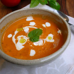 Sherried Tomato Basil Soup with Marinated Feta ~ Sumptuous Spoonfuls #tomato #soup #recipe