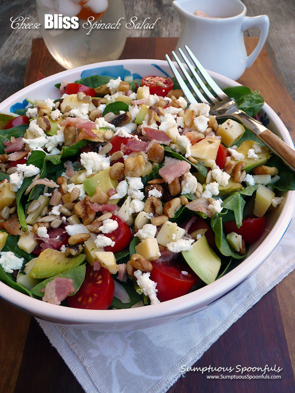 Cheese Bliss Spinach Salad ~ Marinated cheeses on a bed of fresh spinach with avocado, onion, fresh tomato, toasted walnuts, bacon (optional) and a basil sun dried tomato dressing. It''s pure bliss in salad form!