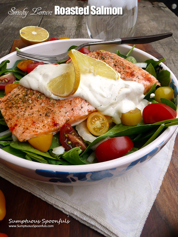 Smoky Lemon Roasted Salmon with Lemon Tahini Yogurt Sauce ~ Sumptuous Spoonfuls #easy #dinner #recipe