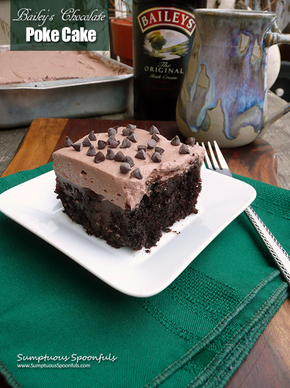 Bailey's Chocolate Poke Cake ~ Sumptuous Spoonfuls #boozy #Irish #chocolate #cake #recipe