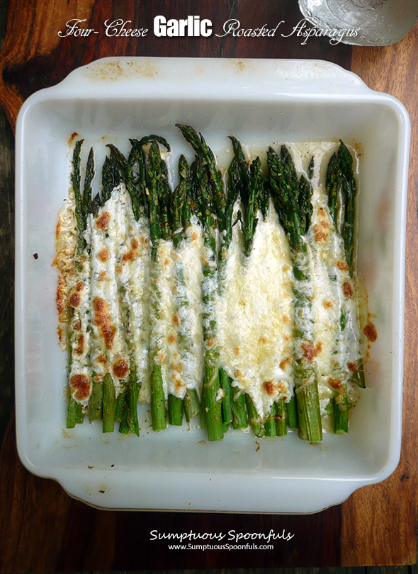 Four Cheese Garlic Roasted Asparagus ~ Sumptuous Spoonfuls #cheese #asparagus #recipe