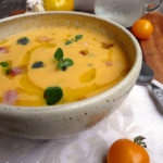 Taxi Tomato Blue Cheese Soup ~ Sumptuous Spoonfuls #yellow #tomato #soup #recipe