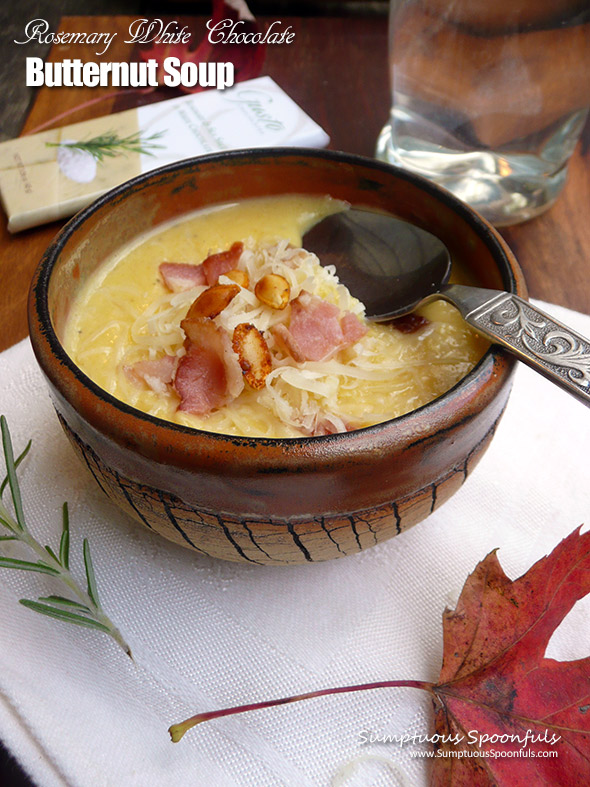 Rosemary White Chocolate Butternut Soup ~ a cozy savory soup with a hint of white chocolate and rosemary. Delightful!