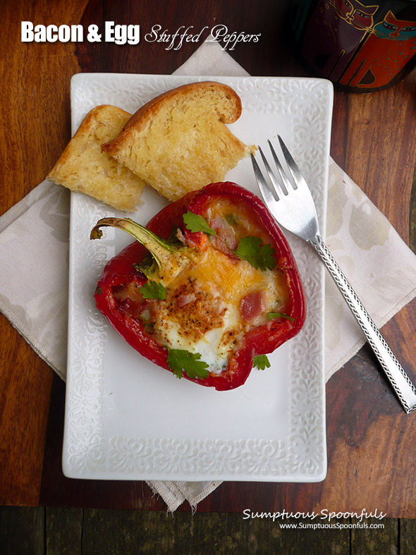 Bacon & Egg Stuffed Peppers ~ a fabulous healthy breakfast that is not just pretty to look at, it tastes amazing! from Sumptuous Spoonfuls