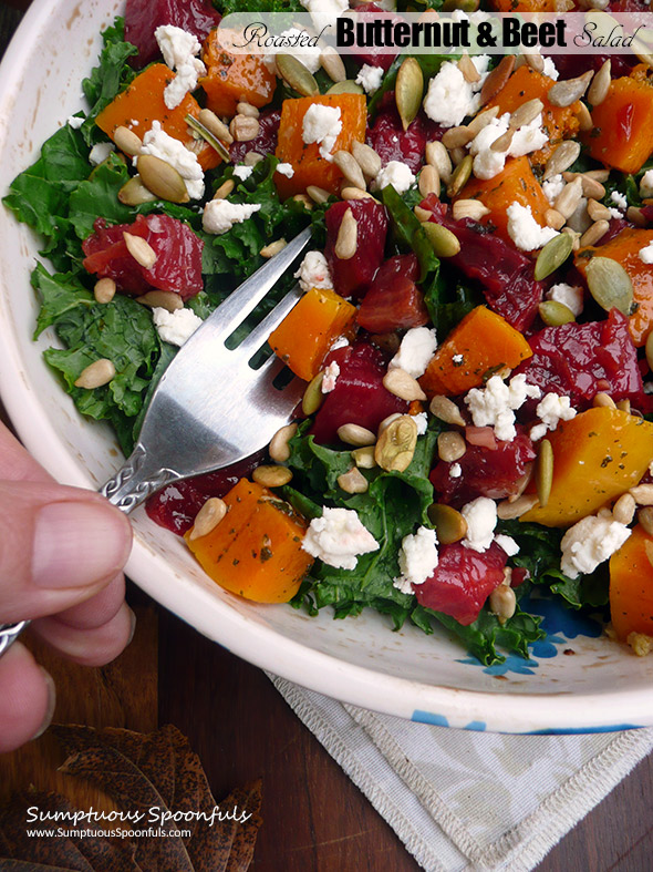 Roasted Butternut Squash and Beet Salad with goat cheese, pepitas and sunflower seeds ~ a savory sweet salad that has so many lovely flavors and textures.