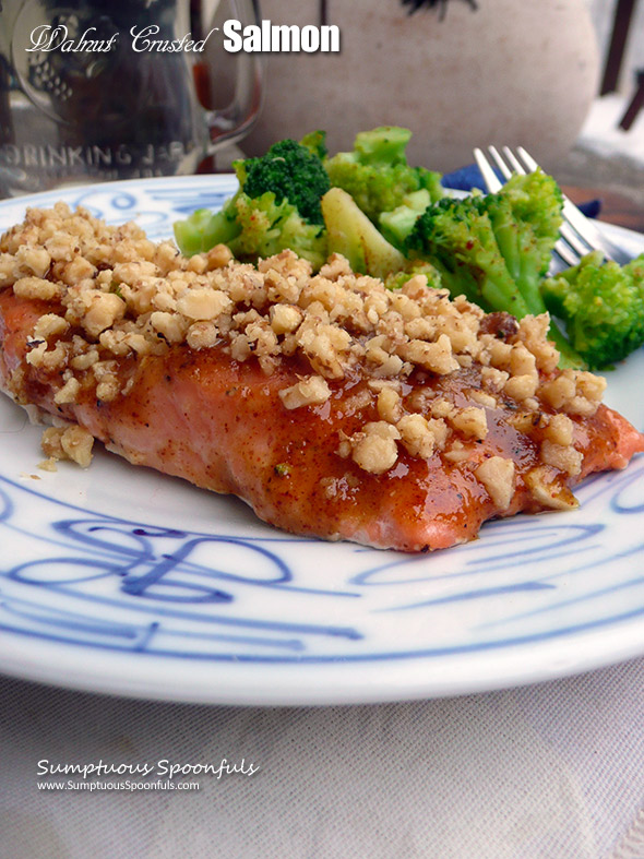 Walnut Crusted Salmon ~ only 6 ingredients and less than 30 minutes stand between you and this delicious healthy meal! Salmon with a sweet, spicy, crunchy topping that you'll want to make again and again.