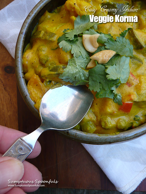 Easy Creamy Indian Veggie Korma ~ Cashews and coconut milk take place of the cream in this flavorful Indian vegetable Korma. Easy to make on the stovetop.