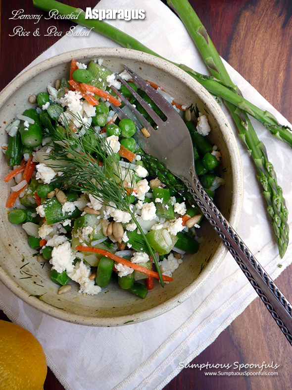 Lemony Roasted Asparagus Rice & Pea Salad ~ A beautiful tasty salad that just screams spring! Roasted asparagus, peas, celery, carrot, sweet onion and fresh dill with a bright lemony vinaigrette