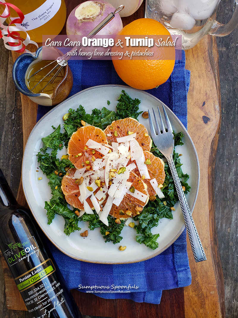 Cara Cara Orange & Turnip Salad with honey lime dressing and pistachios made with Persian lime infused olive oil 