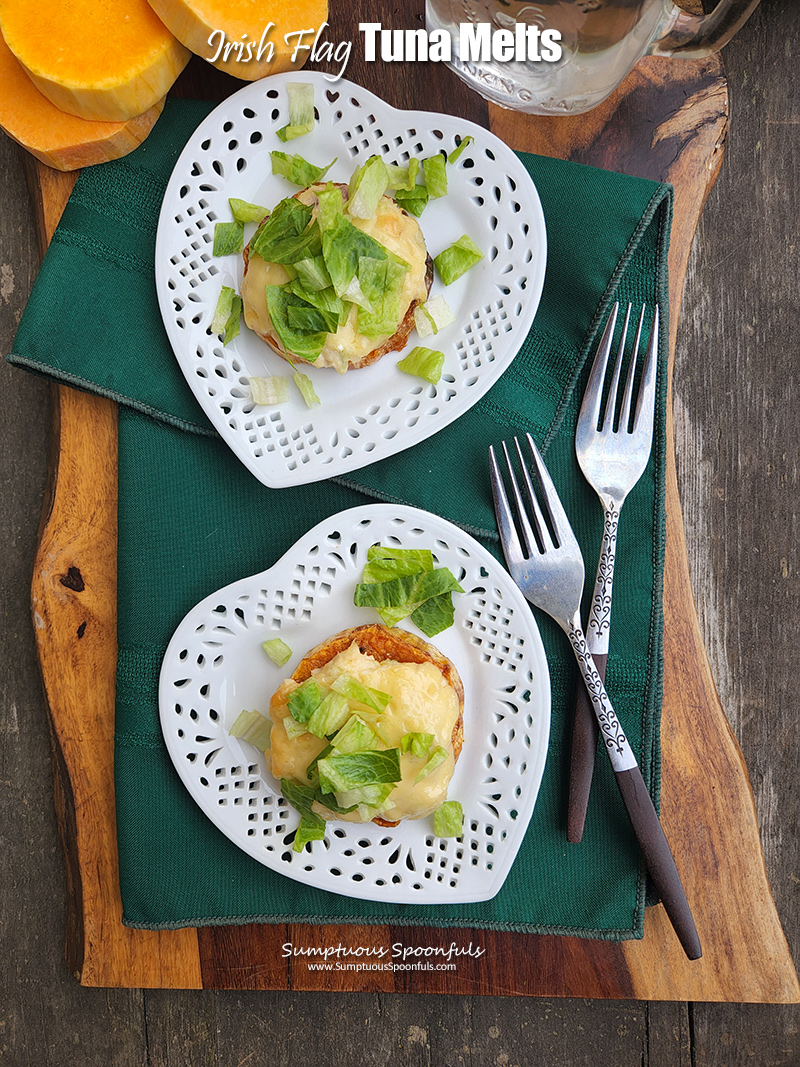 Irish Flag Tuna melts use butternut squash (or sweet potato) on the bottom for the orange stripe, tuna salad in the middle with melty Irish cheese for the white stripe in the middle, topped with greens for the green stripe.