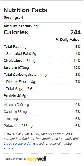 Nutrition Facts for Shrimp & Scallops Diablo estimated by VeryWell ~ 244 calories
Carbs 14.4g
Fiber 1.8g
Protein 40.6g