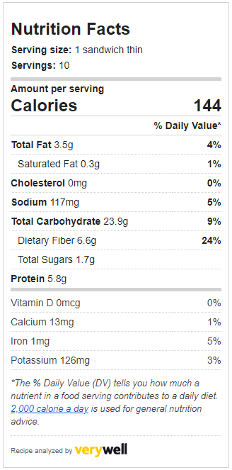 Whole Grain Sourdough Sandwich Thins Estimated Nutrition Information
Calories: 144, Fiber 6.6g, Protein 5.8g, Total carbs: 23.9g