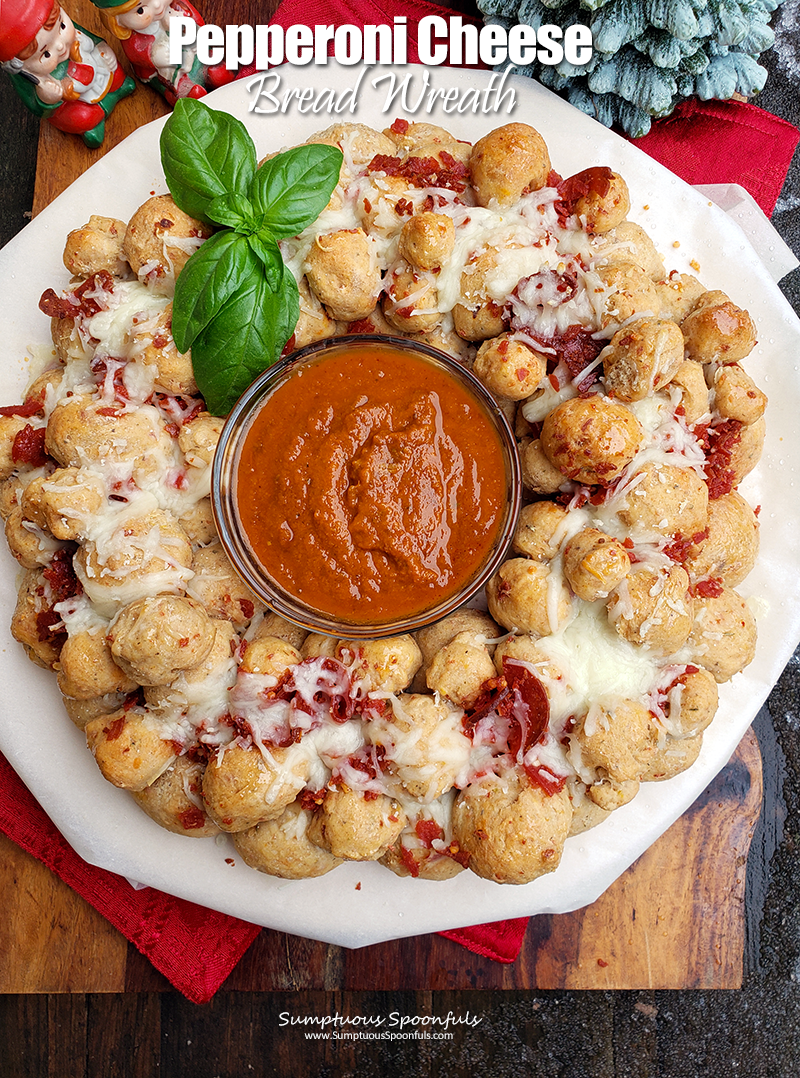 Pepperoni Cheese Bread Wreath with Roasted Tomato Sauce